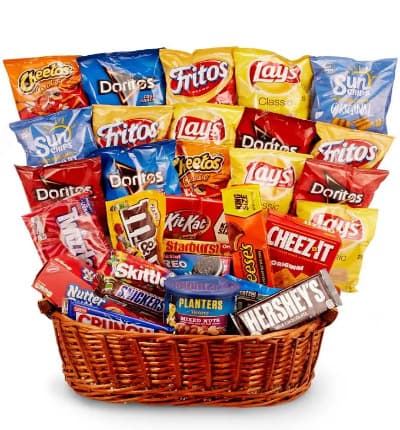 Wow a special someone by sending them the Chips, Candy & More Gift Basket! This gift basket is perfect for snack lovers who love sweet treats and savory snacks! It makes a unique birthday, congratulations, and thinking of you gift that's perfect for all ages. Please note that contents of the gift basket may vary depending on local florist's availability. Please note: contents may vary.

Includes:
* Assortment of Sweet & Savory Treats
* Keepsake Basket