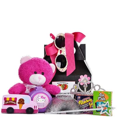 The Box Full of Fun, Fun, Fun for Girls is a great birthday gift basket. This pink themed gift box if willed with treats a little girl in your life will love. From a plush pink teddy bear to a Hello Kitty Brush, this gift will make her smile from ear to ear.

Includes:
* Plush Pink Teddy Bear
* Kid Sunglasses
* Jelly Belly Jelly Beans
* Wooden Ice Cream Truck
* Slinky
* Go Fish Card Game
* Hello Kitty Brush
* Rhinestone Tiara and Wand