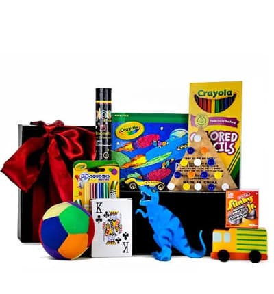 Send a gift basket to a kid in your life that they will love with this Box of Fun Basket. The gift basket is filled with toys that any kid would adore from a puzzle to a rubber dinosaur and a ball. The Box of Fun basket is a great kid's birthday or get well gift.

Includes:
* Rubber Dinosaur
* Soft Multi-Colored Ball
* Hot Wheel's Race Car
* Playing Cards
* Jr. Slinky
* Wooden Car
* Crayola Mini Markers
* Colored Pencils
* Crayola Pop-Up Book
* Glow Sticks
* Puzzle