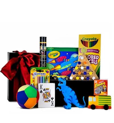 Send a gift basket to a kid in your life that they will love with this Box of Fun Basket. The gift basket is filled with toys that any kid would adore from a puzzle to a rubber dinosaur and a ball. The Box of Fun basket is a great kid's birthday or get well gift.

Includes:
* Rubber Dinosaur
* Soft Multi-Colored Ball
* Hot Wheel's Race Car
* Playing Cards
* Jr. Slinky
* Wooden Car
* Crayola Mini Markers
* Colored Pencils
* Crayola Pop-Up Book
* Glow Sticks
* Puzzle