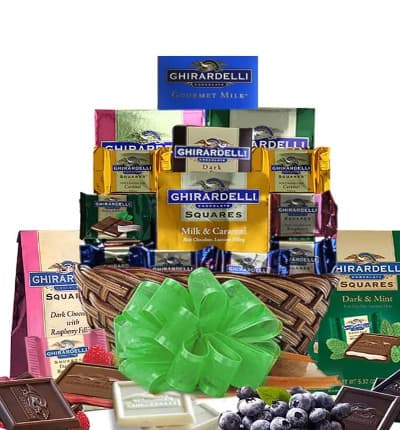 All things Ghiradelli Chocolate is wrapped up in this gift just waiting to be delivered for someone special in your life. The premium chocolate assortment meant for true connoisseurs crafted by the world famous Ghirardelli will impress for a birthday, anniversary or just because.

Includes:
* (3) 5.32 oz. Square Bags Dark & Raspberry, Milk & Caramel, Mint & Dark
* (4) .53 oz. Square Chocolates
* 3.5 oz. Creamy Devotion Bar 32% Cacao
* 3.5 oz. Dark & Caramel Bar