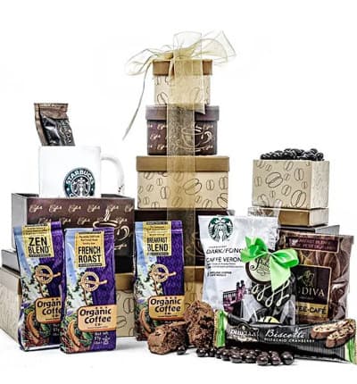 Make a home into a coffee haven with this basket full of Starbucks and goodies. Fill your home with the delicious aroma of coffee and nibble on biscottis and more without having to leave your home at all. Enjoy!

Includes:
* Starbucks Ground Coffee
* French Roast Organic Coffee
* Godiva Cafe
* Biscotti
* Starbucks Mug
* Much More!