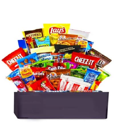 For the snack lover in your life, this is the perfect gift for a birthday, congratulations or just because. Filled with candy, cookies, chips and more, your recipient will be so delightful as their stomachs are satisfied for days. Delivered straight to their home in a gift box.

Includes:
* 50 Snack Items
* Includes Candy, Chips, Cookies, Granola Bars & More!
* Packaged in a Gift Box