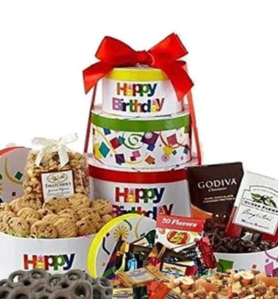 Wishing a special someone the happiest birthday with this tower of sweet treats will make their day extra special! Delivered in festive boxes, it'll be a grand gesture that will not go unnoticed!

Includes:
* Ghirardelli Squares
* Nunes Farms Mixed Nuts
* Godiva Chocolate Pretzels
* Chocolate Chip Cookies
* Tower of Boxes
* Red Ribbon