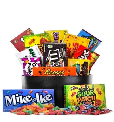 A delicious bundle of sweets for your sweetie! This classic variety of candy including m&m's, Mike and Ike's, Reese's Pieces, Junior Mints and so much more is a great way to say Happy Birthday, I love you, or I'm thinking about you! This basket is the perfect sweet tooth candy basket.

Includes:
* Chocolate Candies
* Gummy Candies
* Gift Container
* Card Message