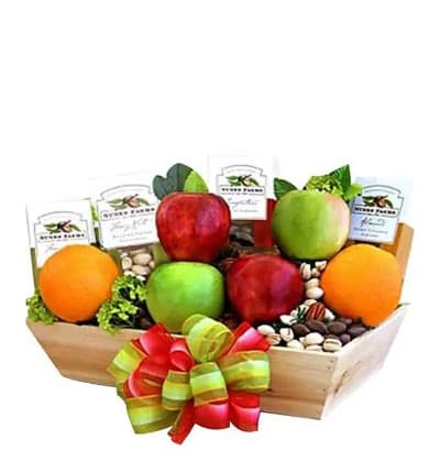 Our premium assortment of fruits and nuts is the perfect get well, thank you, or birthday gift! Sure to bring a smile to the face of even the pickiest health nut in your life, this artisan tray is filled with a variety of fruits and nuts hand selected just for you!

Includes:
* Apples
* Oranges
* Variety of Packaged Nuts
* Complimentary Card Message