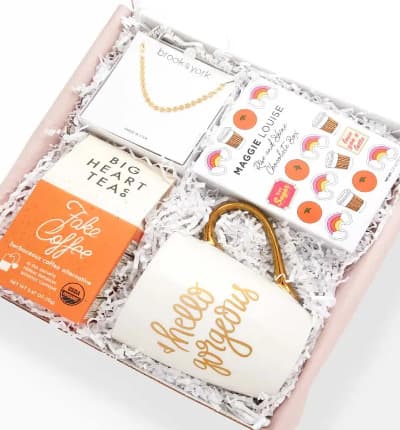 This decadent basket includes an assortment of gourmet coffee themed gifts. Delicious hand-painted chocolate rainbows, lattes and oranges complete the adorable Rise & Shine box. Wake up with 