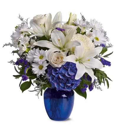 Send a peaceful floral arrangement that is beautiful as a blue sky. Arranged with white lilies, white roses and blue hydrangeas. A perfect white and blue flower bouquet that is an ideal gift for a variety of occasions.

Includes:
* Blue Hydrangea
* White Roses
* White Oriental Lilies
* Purple Statice
* Blue Glass Vase