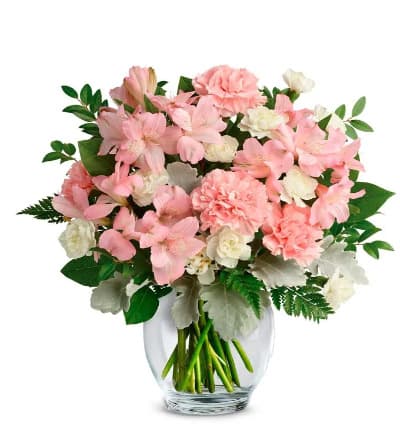 * Pink Alstroemeria
* Pink Carnations
* White Mini Carnations
* Dusty Miller
* Huckleberry
* Leatherleaf Fern
* Lemon Leaf
* Clear Glass Vase