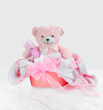 Welcome the new baby girl to the world with this adorable and memorable gift. An adorable classic gift tin comes filled with unique treasures, including a baby bottle and blue plush bear and cuddly blanket.

Includes:
* Baby Bottle
* Plush Bear
* Baby Blanket
* Gift Basket