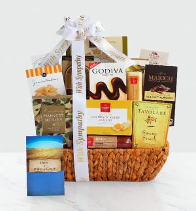 Send caring condolences and words of comfort with this beautiful gourmet food basket filled with crackers, cheese, salami, pistachios, butter cookies, chocolate chip cookies, smoked salmon, butter toffee pretzels, dried fruit, fudge, tea, cake and popcorn. It also includes a memory book of special words of comfort and healing.