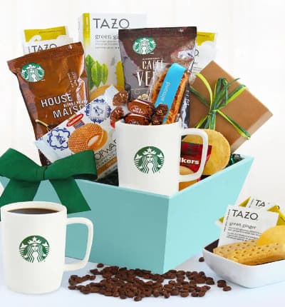 For the Starbuck's lover in your life, this is the perfect gift. Filled with Starbuck's coffee, tea and goodies, this is perfect for a birthday, Mother's Day or just because.

Includes:
* 2 Starbucks� Logo Mugs
* Walker's Shortbread Cookies
* Caramel Wafer Cookie
* Starbucks� Vanilla Almond Biscotti
* Starbucks� Cafe Verona Ground Coffee
* Starbucks� House Blend Ground Coffee
* 1 Starbucks� Green Tea Tazo Tea Box
* 2 Mini Chocolate Squares
* Gift Box