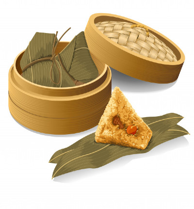 5 small pieces of Zongzi. Zongzi is a traditional Lunar food made of glutinous rice stuffed with different fillings and wrapped in bamboo, reed, or other large flat leaves. They are cooked by steaming or boiling.
